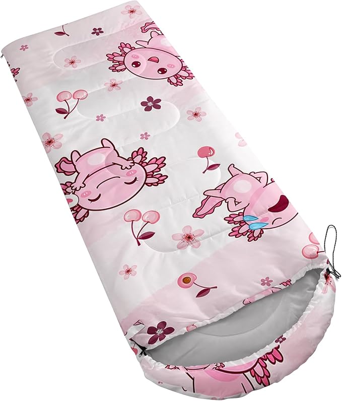 QOOMO Axolotl Cute Camping Sleeping Bags,3 Season Warm & Cool Weather,Lightweight,Waterproof Sleeping Bags for Adults & Kids,Traveling,and Outdoors