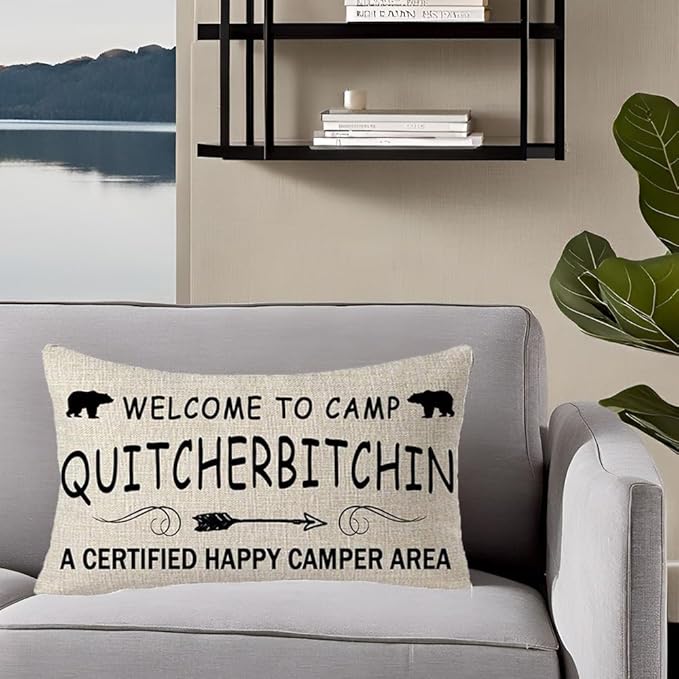Welcome to Camp Life is Best When You are Camping Wild Life Animal Bear Decorative Throw Pillow Cover Cushion Case Cotton Linen Lumbar for Outdoor Sofa Bed Couch 12X20 inches (Beige 02)