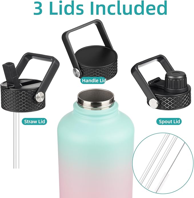 Konokyo Half Gallon Insulated Water Bottle with Straw,64 oz 3 Lids Water Jug with Carrying Bag,Paracord Handle,Double Wall Vacuum Stainless Steel Metal Flask,Gum