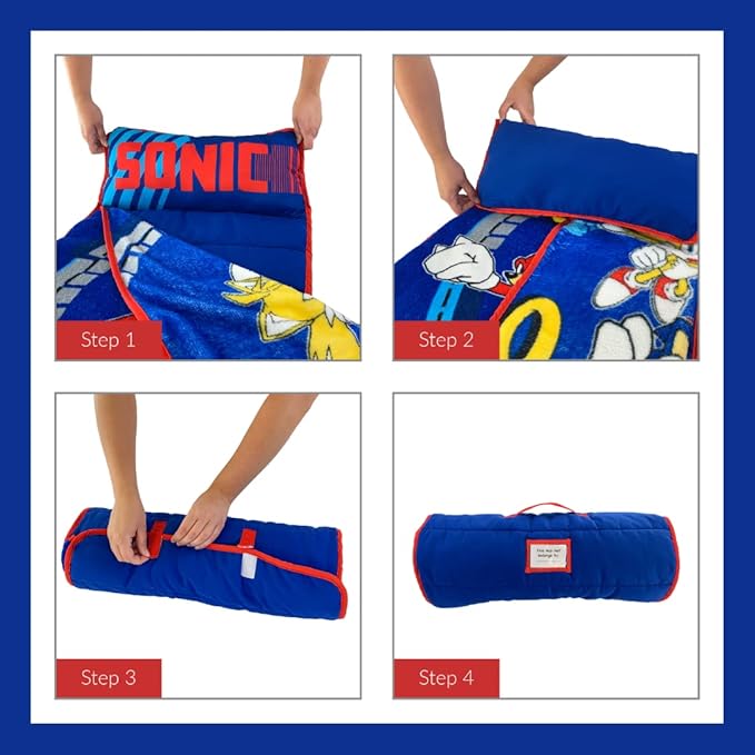 Sonic The Hedgehog 21"(W) X 45"(L) Soft Toddler Nap Mat with Pillow and Blanket Perfect for Preschool, Daycare, and Travel (100% Official Licensed Product)