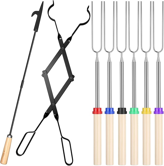 Patelai 8 Pcs Camping Gear Campfire Accessories Include 6 Pcs 32" Smores Sticks for Fire Pit 32" Campfire Poker 25" Fireplace Tong, Roasting Sticks Camping Essentials Hot Dog Fork Tools