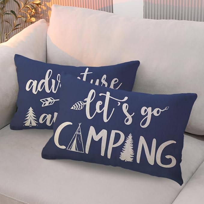 Adventure Camper Decorative Lumbar Pillowcase Double-Sided Let’s Go Camping/Adventure Awaits Throw Pillow Covers Cabin/Camper Cushion Covers 12x20,2Pack for Sofa/Couch/Porch (Blue)