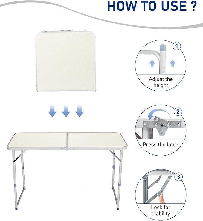 Outvita 4ft Portable Folding Camping Table, Outdoor Waterproof Adjustable Height Table, Aluminum Lightweight Suitcase Foldable Table for Picnic BBQ Beach Dining