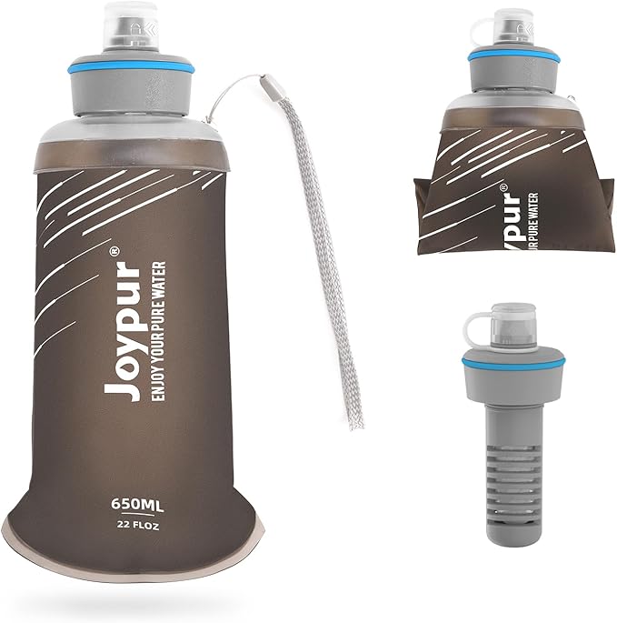 Water Filter Survival - Collapsible Water Bottle with Filter 0.01 Micron Squeeze Filtered Water Bottle 22oz for Hiking Backpacking Camping BPA-Free(Grey 650ml)