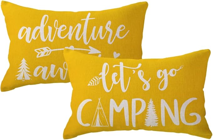 Adventure Camper Decorative Lumbar Pillowcase Double-sided Let’s Go Camping/Adventure Awaits Throw Pillow Covers Cabin/Camper Cushion Covers 12x20,2Pack for Sofa/Couch/Porch (Yellow)