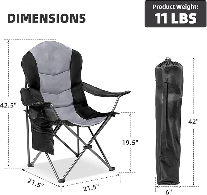 Oversized Camping Chair Heavy Duty- Portable Folding Chair, Cup Holder & Waterproof Phone Case for Adults, Beach, Hiking, Backyard (Black & Light Gray, 2 PCS)