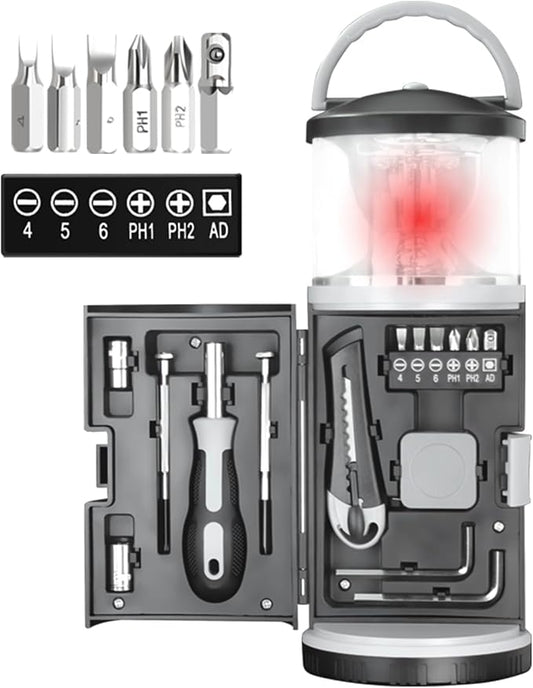 LED Camping Lantern with 15PCS Car Tool Kit, Survival Gear Hiking, Portable Emergency Set Kit with Screwdriver Set Kit Tool, Fishing Gear for Outdoors, Men/Dad Birthday Gift(AA Batteries Not Included)
