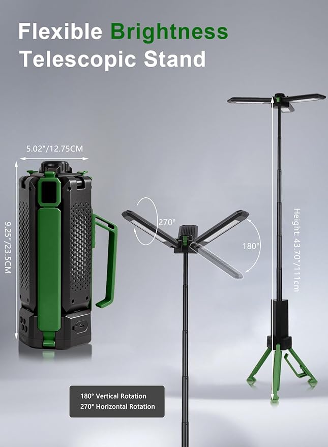 15000mAh Rechargeable Telescopic Camping Light, Portable Flashlight & Lantern with Reinforced Tripod Base, Height Adjustable Dimmable Tent Light, Power Bank for Outdoor BBQ, Hiking, Job Site, Green