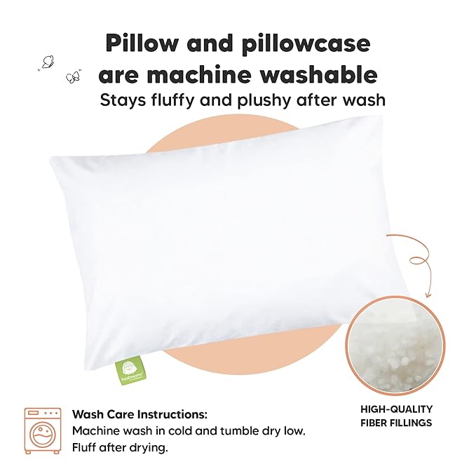 Toddler Pillow with Pillowcase - 13x18 My Little Dreamy Kids Travel Bed Pillows for Sleeping, Organic Cotton Small Pillowcase, Soft & Breathable, Machine Washable, Toddlers 2-5 years old(Construction)