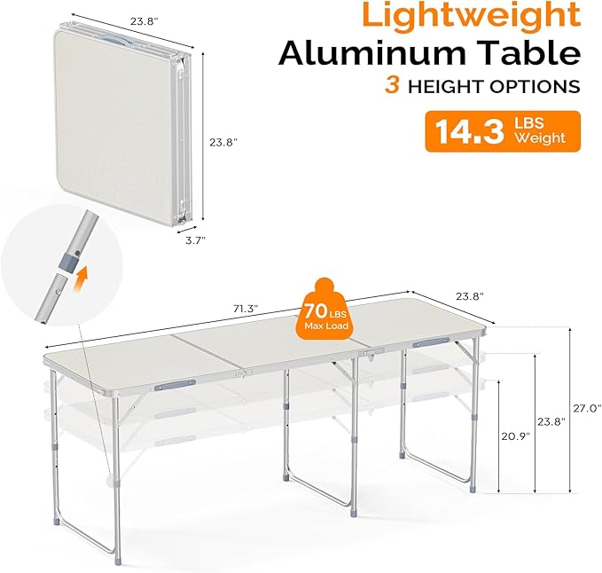 VINGLI 6ft Folding Camping Table with Carry Handle,Portable Utility Table Multipurpose for Party Picnic Tailgating Outdoor Patio Garden Indoor Kitchen …
