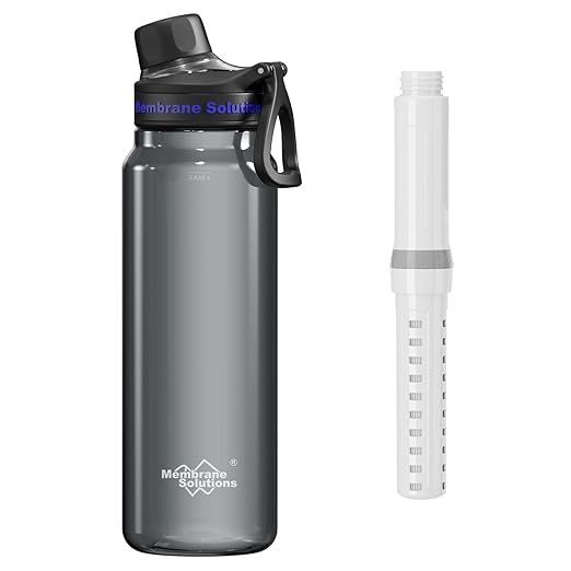 Membrane Solutions C3 Filtered Water Bottle, 36oz BPA-Free Bottle with Replaceable ACF+UF Filter Cartridge, Portable Water Filter, Travel, Hiking & Camping for Drinking Water Anywhere(Grey)