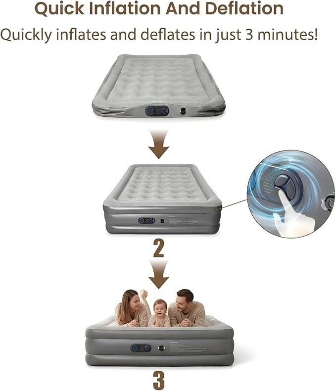 Air Mattress Queen with Built-in Pump, 18" Raised Inflatable Bed with Integrated Pillow Design, Self-Inflating Blow Up Mattress for Home Guests Camping