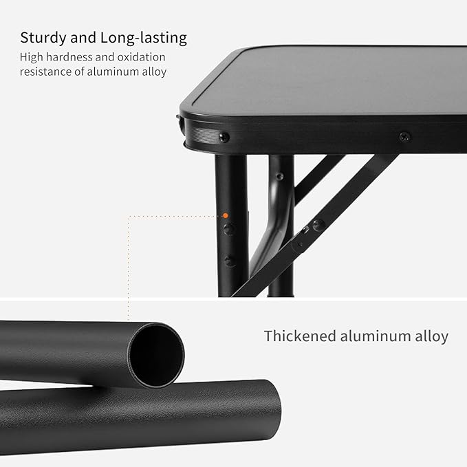 2FT Small Camping Portable Table, Black Aluminum Frame, Adjustable Height up to 21", Lightweight Carry Handle, Portable for Travel, Camping Outdoor Use