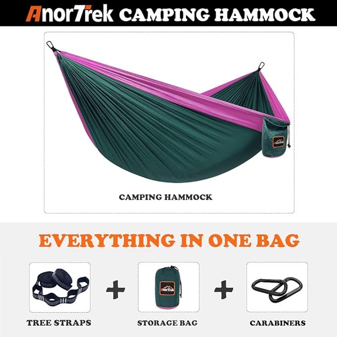 AnorTrek Camping Hammock, Super Lightweight Portable Parachute Hammock with Two Tree Straps Single or Double Nylon Travel Tree Hammocks for Camping Backpacking Hiking