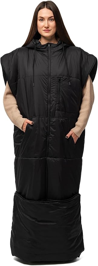 Adult Wearable Sleeping Bag with Hoodie, Sleeveless Design Adjustable Drawstring Waterproof Wearable Sleeping Bag Ideal for Camping, Cold Weather