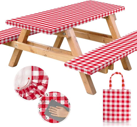 RNOONY Vinyl Fitted Picnic Table Cover with Bench Covers and Bag,8ft Outdoor Waterproof Picnic Tablecloth with Elastic Edges, 96x30 Inches 3 Pcs Set (Red Checkered)