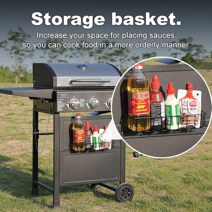 LINGXI gas grills propane 3-Burner Propane Grill, Gas Grill with front hanging basket, Asadores De Gas.30000 BTU barbecue grill, Grills outdoor cooking. Suitable for Backyard, Outdoor, Patio, Garden