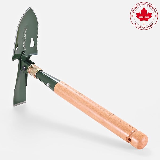MASTIFF GEARS Military-Grade 2-in-1 Camping Shovel & Hoe - 1050 Steel, Foldable Wooden Handle, Metal Detecting Optimized, Canadian Designed & Tested, MOLLE Canvas Sheath | Limited