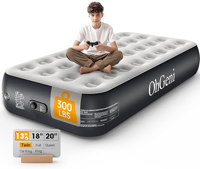 OhGeni Twin Air Mattress with Built in Pump, Camping Air Mattress with External Valve, Family Choice Award Winner, 13" Inflatable Blow up Bed, Portable Foldable Airbed for Home & Outdoor, 300lbs