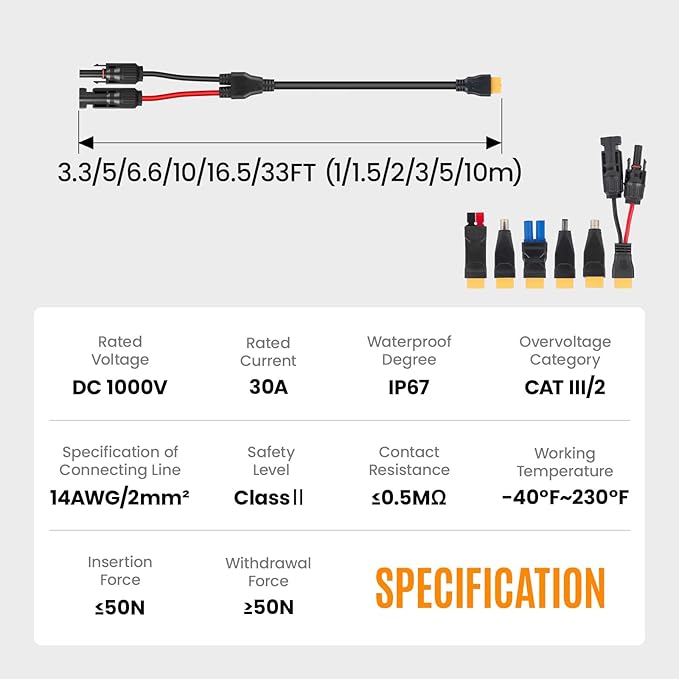 6-in-1 Solar Panel Connector Kit Solar Connector to DC5521 7909 8020 XT60 EC5 Solar Panel Multi Connector Cable Portable Heavy-Duty Weatherproof for RV Power Staion Generator(10ft)