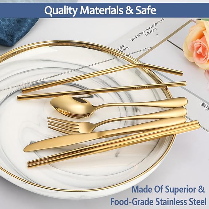 Stainless Steel Travel Utensil Set with Case - Portable Flatware Cutlery, Chopsticks, Straw - Gold