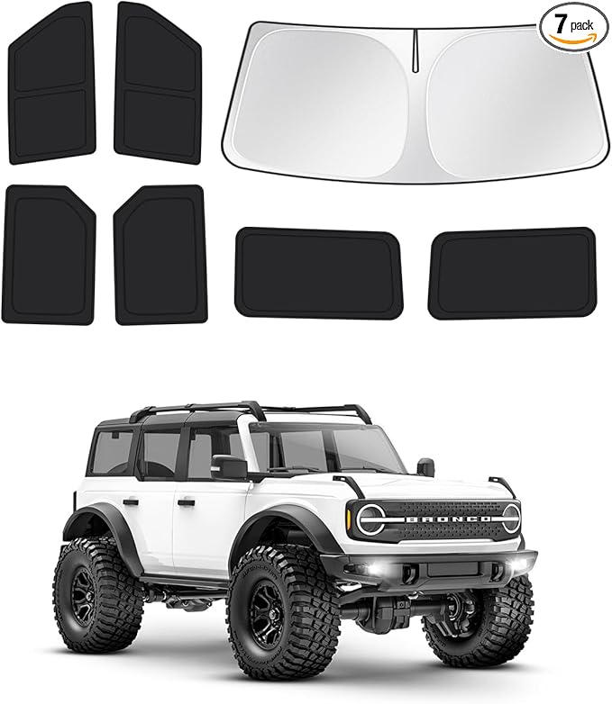 Canvcle Windshield Sun Shade for 2021-2025 2026 Ford Bronco 4 Door Side Rear Window Shade Cover Sun Visor Shield Privacy Protection Keep Vehicle Cool Black 7PCS