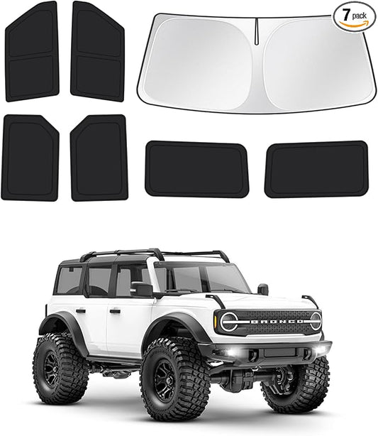 Canvcle Windshield Sun Shade for 2021-2025 2026 Ford Bronco 4 Door Side Rear Window Shade Cover Sun Visor Shield Privacy Protection Keep Vehicle Cool Black 7PCS