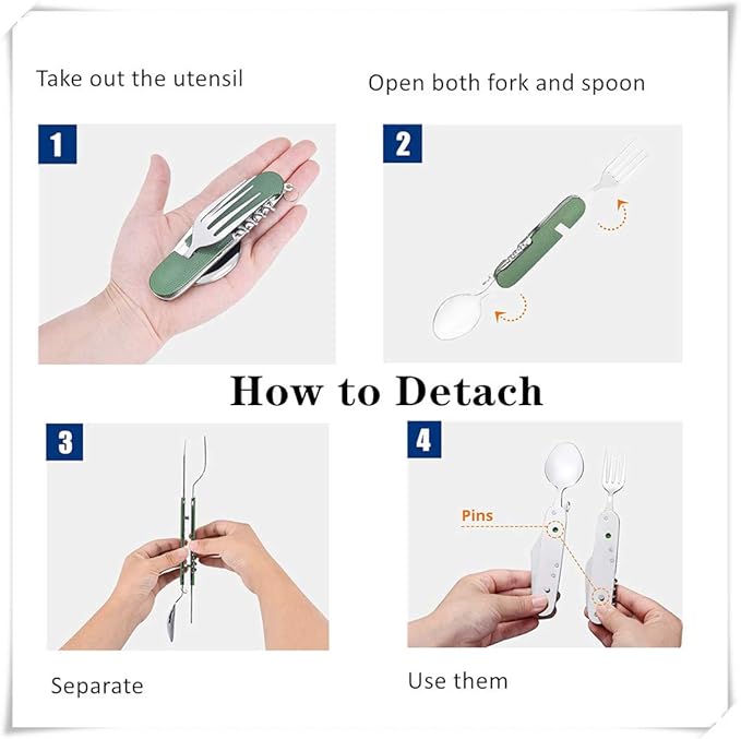 6-in-1 Multi-Function Camping Utensil Flatware Set Detachable Spoon Fork Knife Combo Mess Kit with Carrying Pouch (Black + Gold + Green)