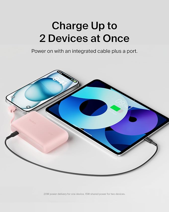 Belkin Portable Charger Power Bank USB C, 10000 mAh w/Integrated Cable, 20W Fast Charge USB-C Power Delivery, iPhone Charger, Apple iPhone 17, Air, Pro, Pro Max, iPad, Samsung Galaxy S25 - Pink