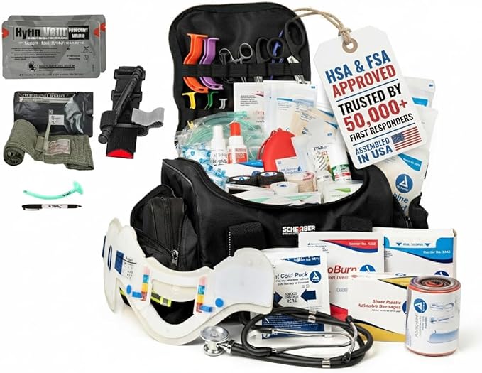 Scherber Fully-Stocked First Responder Bag | Professional EMT/EMS Trauma & Bleeding Medical Kit | HSA/FSA Approved | CAT Tourniquet, HyFin Chest Seal, Israeli Bandage & 250+ First Aid Supplies (Black)