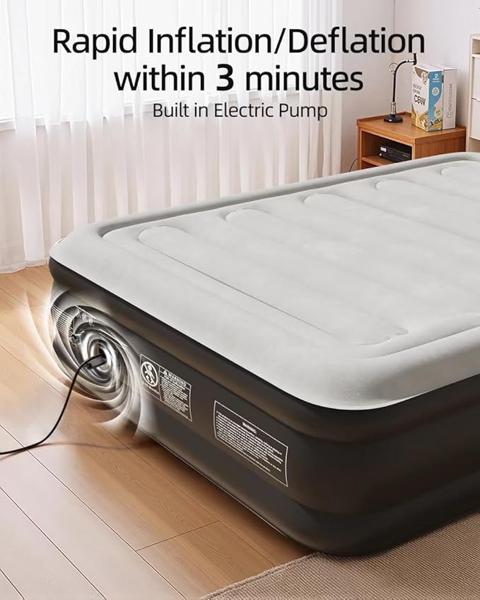 CHILLSUN 2026 Upgraded Queen Air Mattress with Built in Pump, 3 Mins Quick Self-Inflation Blow Up Mattress, Flocked Top Inflatable Mattress, Leak-Proof Airbed for Camping Guests and Home