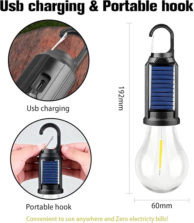 Solar Camping Light-4Packs, Rechargeable Tent Lamp with Hook, Vintage Outdoor Design