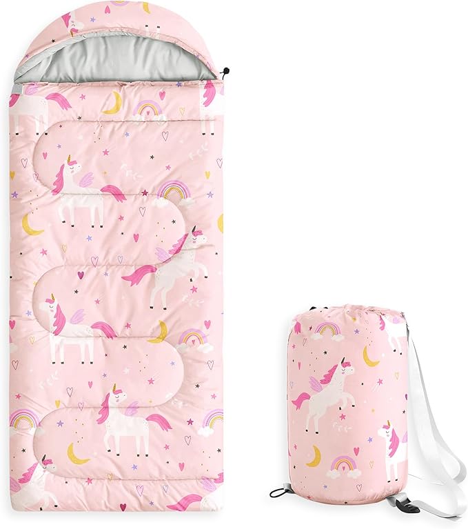 Wake In Cloud - Kids Sleeping Bag for Girls Toddlers, Camping in Warm Cold Weather, Backpacking Lightweight Compact Outdoor Liner for 3 Seasons, Celestial Unicorns