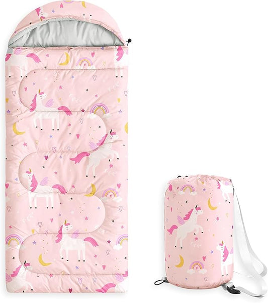 Wake In Cloud - Kids Sleeping Bag for Girls Toddlers, Camping in Warm Cold Weather, Backpacking Lightweight Compact Outdoor Liner for 3 Seasons, Celestial Unicorns