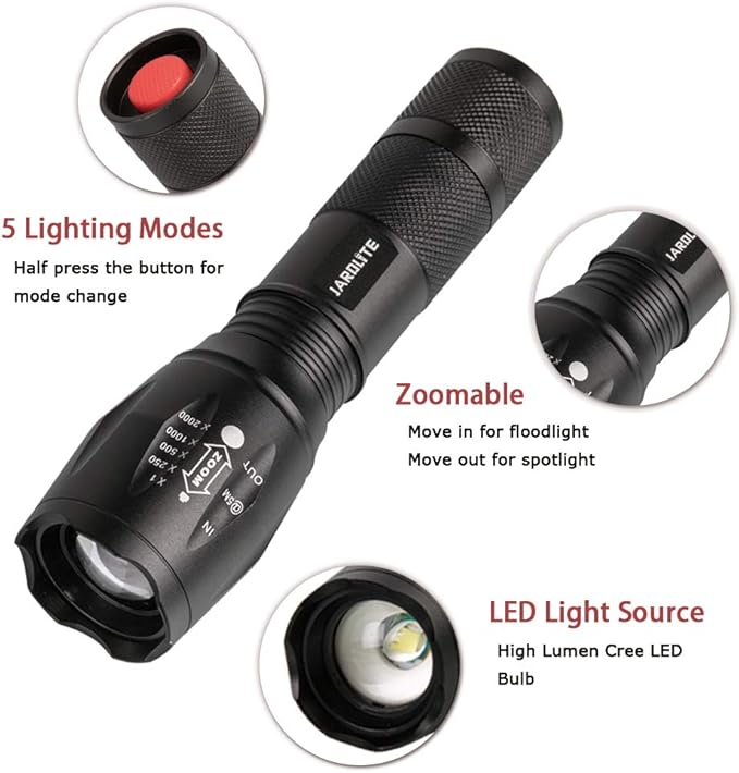 JARDLITE 8 Pack LED Emergency Handheld Flashlight, Adjustable Focus, Water Resistant with 5 Modes, Best Tactical Torch for Hurricane, Camping, Dog Walking