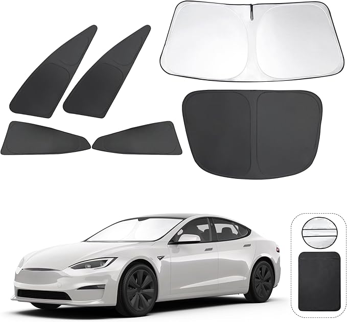 6PCS Windshield Sun Shade Custom Fit for 2023 2024 2025 Tesla Model S Accessories Foldable Sunshade Side Rear Window Shade Cover Full Set Privacy Protection Keeps Car Cool
