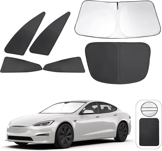 6PCS Windshield Sun Shade Custom Fit for 2023 2024 2025 Tesla Model S Accessories Foldable Sunshade Side Rear Window Shade Cover Full Set Privacy Protection Keeps Car Cool