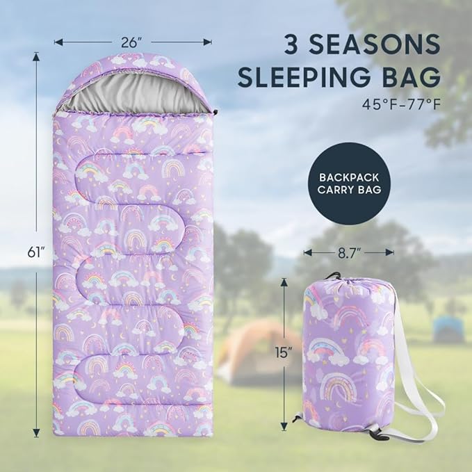 Wake In Cloud - Kids Sleeping Bag for Girls Toddlers, Camping in Warm Cold Weather, Backpacking Lightweight Compact Outdoor Liner for 3 Seasons, Rainbow Clouds