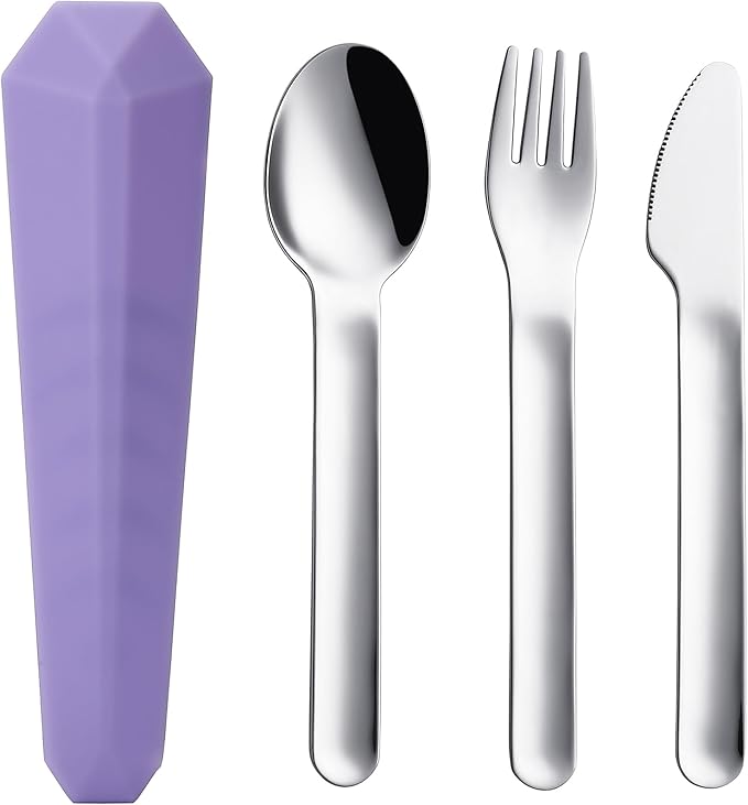 Utensils for Lunch Box Accessories, DEVICO Travel Silverware Set with Case, Camping Flatware Include 18/8 Stainless Steel Knife Fork and Spoon Set, Reusable Portable Cutlery Set for School (Purple)