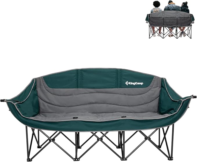 KingCamp 3 Person Camping Chair, Oversized 1100lbs Heavy Duty Loveseat for Adults Portable Folding XL 2 Person Couch Padded Comfortable Three Seat with Cup Holder for Outdoor Lawn Backyard, Green/Grey