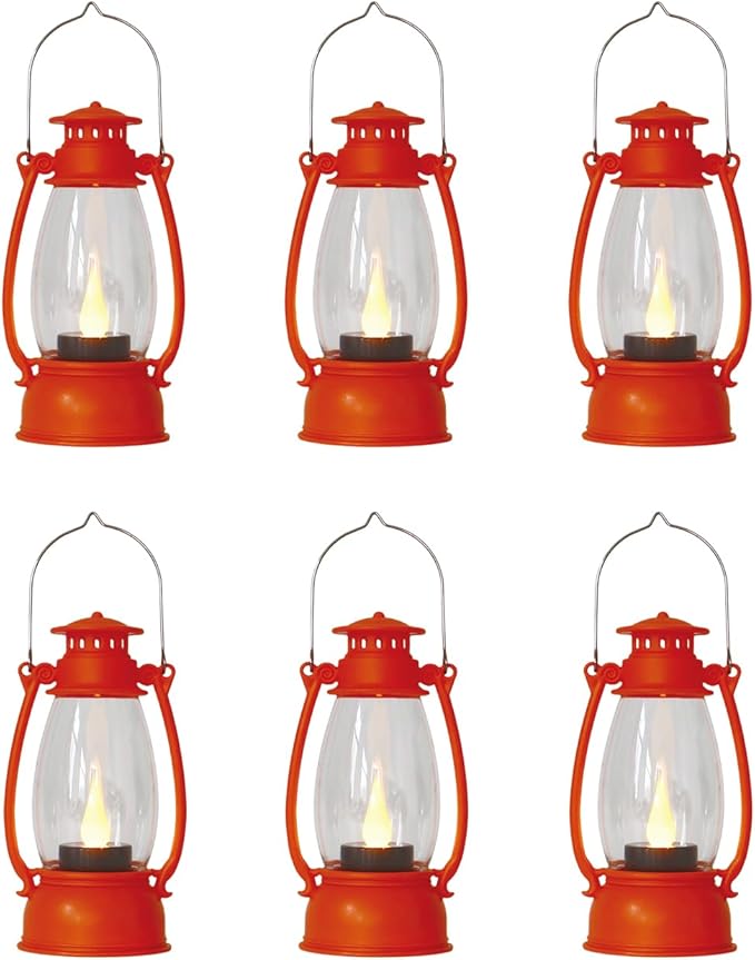 6Pcs Orange Mini Lanterns for Western Cowboy Party & Camping Decor, Small Western Lantern with LED Flickering Candle for Fall Halloween Christmas Wedding Festive Decorations, Centerpiece Table