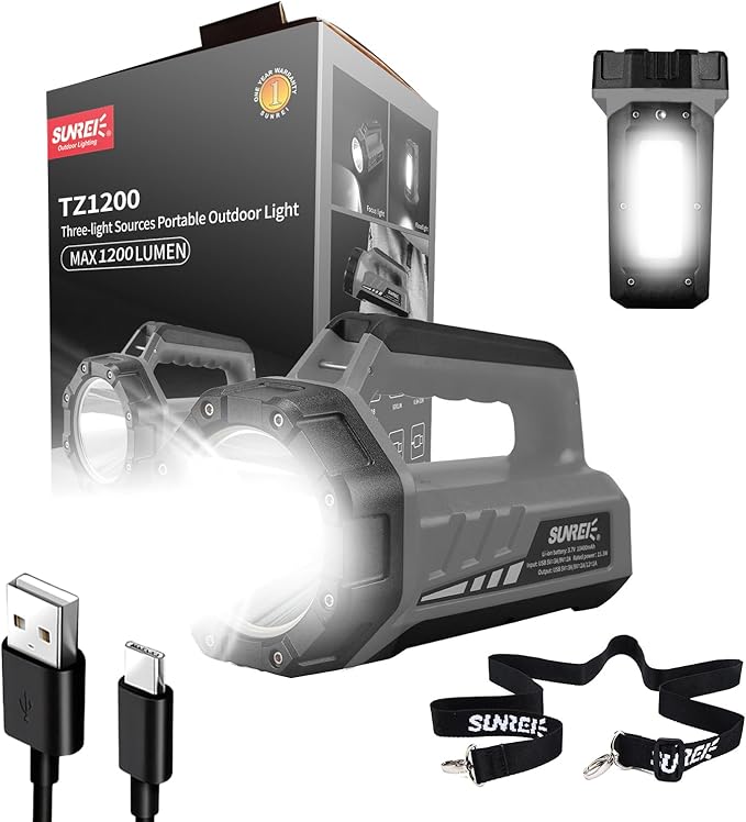 SUNREI Rechargeable LED 1500LM Flashlight, 8 Light Modes Portable Camping Lantern, 10400mAh Power Bank, IP67 Waterproof for Emergencies Power Outages, Hurricane Emergency, Hiking, Home, etc
