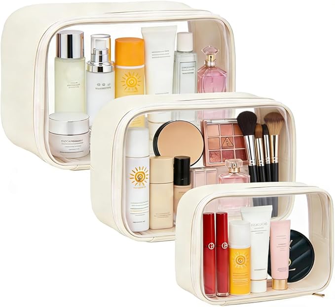 Travel Clear Makeup Bag Set for Women, 3 Pack Travel Size Toiletry Bag with Zipper Small Makeup Pouch for Purse Waterproof Portable Cosmetic Case Compact Car Organizer Storage Bag (Beige Set)
