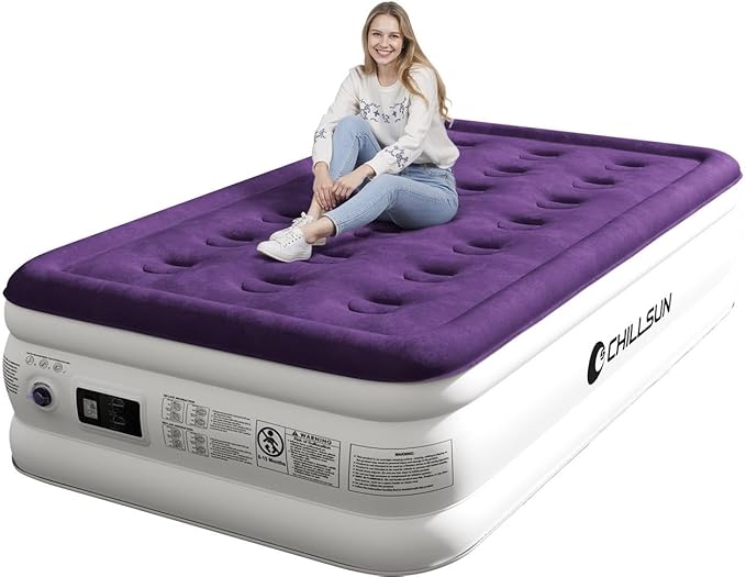 CHILLSUN Twin Air Mattress with Built in Pump for Guest & Home, 16" Inflatable Blow Up Mattress, Air Bed with Carrying Bag for Camping, Raised Elevated Double High Air Mattresses Foldable & Portable
