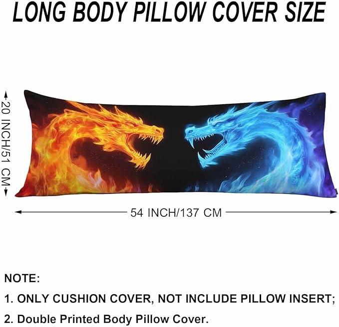 Body Pillow Covers Dragon Body Pillowcase 20"X54", Blue Red Fiery Dragons Couch Side Sleeper Pillow Cases for Home Bedroom, Outdoor Body Cushion Cover for Men Women