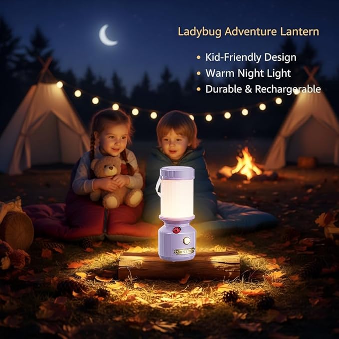 HOMY Ladybug Rechargeable Camping Lantern for Kids, 3-Color Dimmable LED, Tent Hook & Handle, Small Portable USB Safe Night Light for Outdoor/Kids Camping Gear