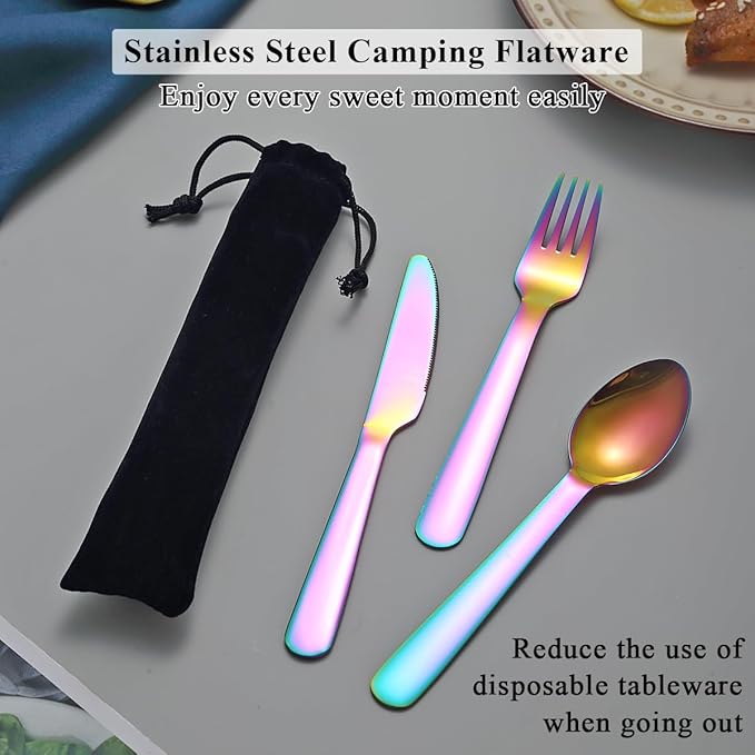 Evanda 3 Piece Portable Silverware Set, Include Knife Fork Spoon, Rainbow Titanium Plating Camping Cutlery Set With Black Bag, For Home Kitchen Camping Travel, Dishwasher Safe