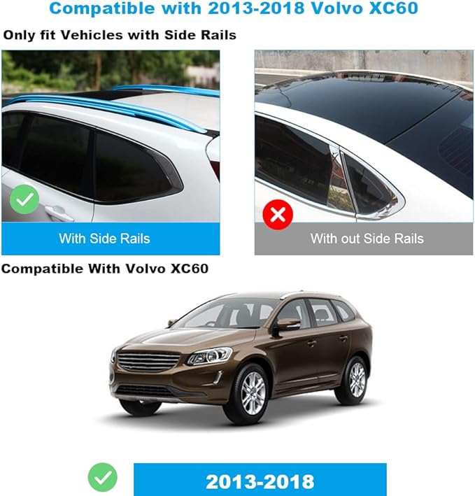 JDMON Compatible with Roof Rack Cross Bars Volvo XC60 2013-2018 with Side Rails Anti-Theft Locks Desigh, Aluminum Luggage Rack Crossbar for Rooftop Cargo Bag Carrier Kayak Canoe Bike, Sliver