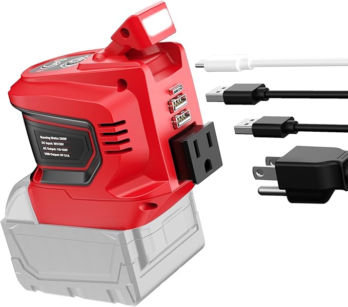 Ecarke 200W Portable Power Inverter Compatible with Milwaukee 18V Battery, DC 18V to AC 110V Power Station with 1 AC Outlet, 2 USB, 1 Type-C & LED Light, for Outdoor Emergency Use (No Battery)