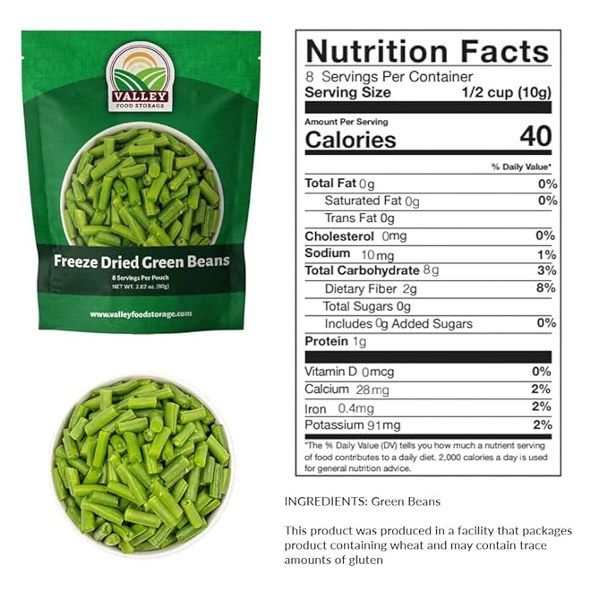 Valley Food Storage Freeze Dried Green Beans | 10-Bag Bucket, 28.2 oz | Premium Emergency Food Supply, 25 Year Shelf Life | Non-GMO Prepper Food for Camping, Cooking & Long-Term Storage, Packaged in USA